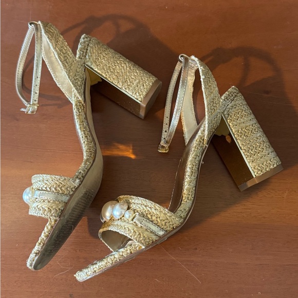 Lilly Pulitzer May Heeled Sandal Raffia Pearl Block Heel Gold Size 6.5 - Picture 6 of 16